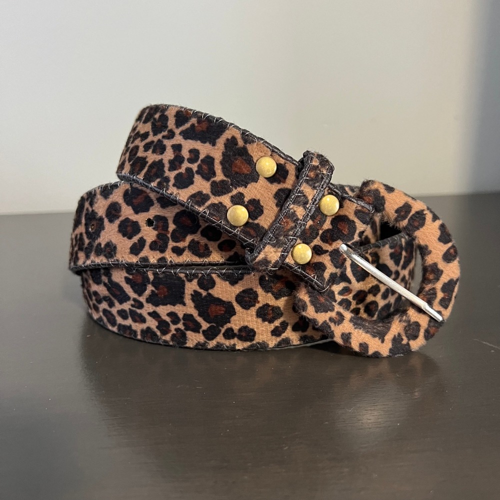 Leopard Print Faux Calf Hair Belt with Wrapped‎ Buckle and Gold Studs mobwife